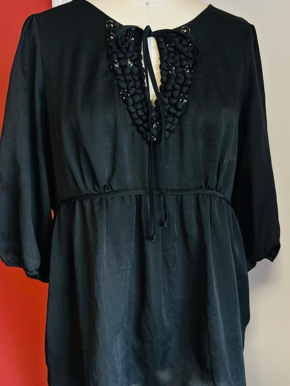 Anthropologie Black Braided Beaded and Rhinestone with Tie-Neck Peasant Tunic